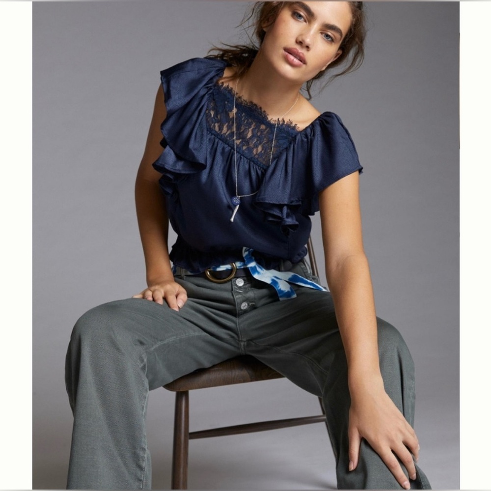 Anthropologie Porridge Clothing Ruffle Lace Navy Blouse NWT